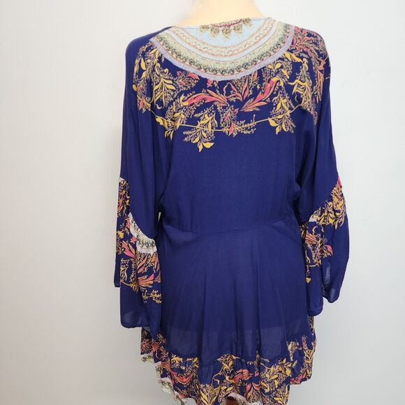 Free People Bohemian Tunic Top Size S V-Neck High Low Flare Sleeve Sunset Dreams - Picture 3 of 16